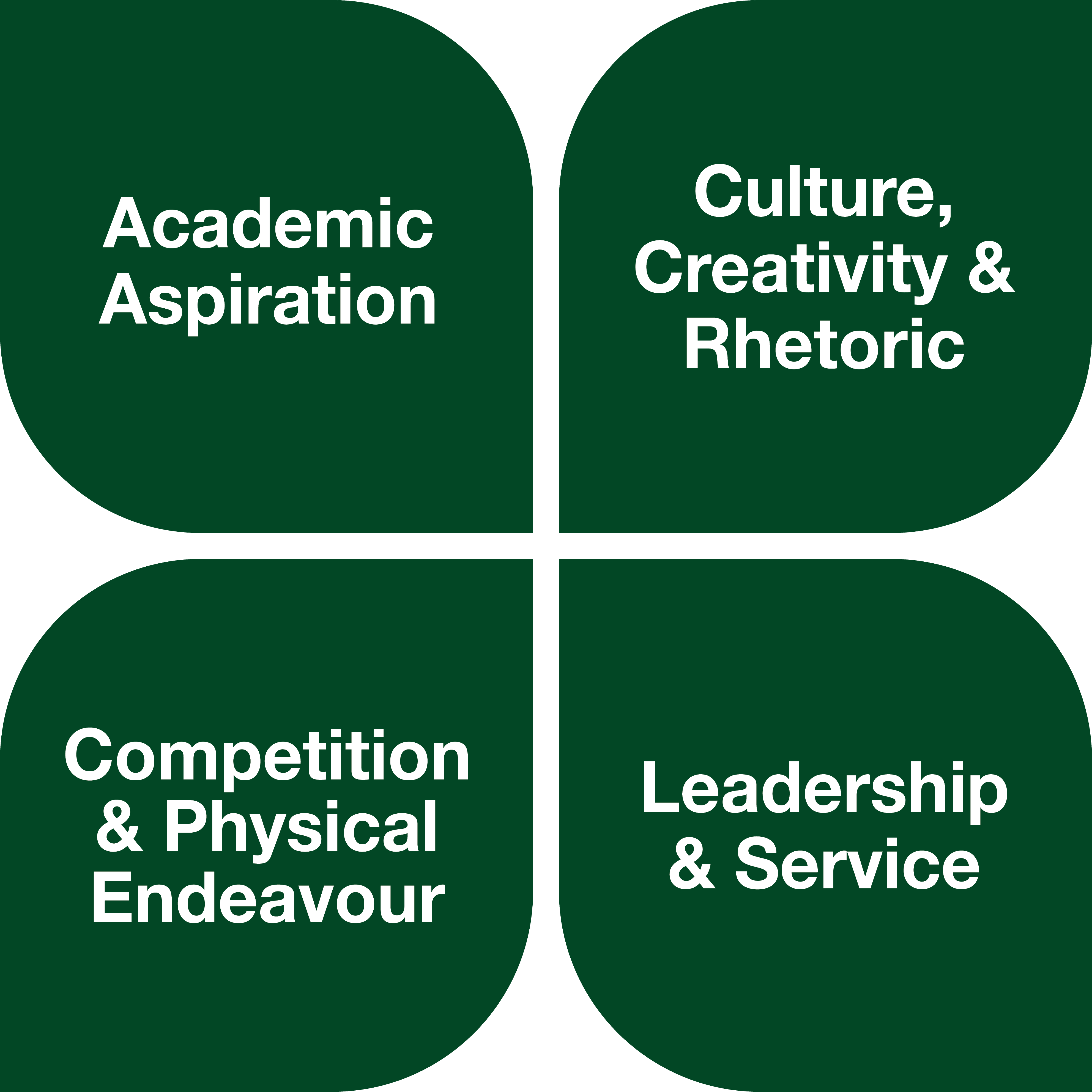 Woodford Primary School's four Cornerstones are: Academic Aspiration, Culture, Creativity & Rhetoric, Competition & Physical Endeavour, and Leadership & Service.